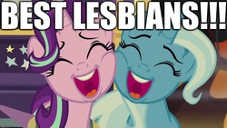 Size: 1280x720 | Tagged: safe, edit, edited screencap, editor:useraccount, screencap, starlight glimmer, trixie, pony, unicorn, g4, road to friendship, cheek to cheek, excessive exclamation marks, eyes closed, female, image macro, lesbian, mare, meme, ship:startrix, shipping, squishy cheeks