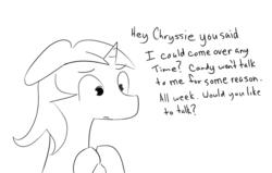 Size: 943x599 | Tagged: safe, artist:otherponyname, queen chrysalis, shining armor, pony, unicorn, g4, comic, dialogue, male, monochrome, simple background, speech bubble, stallion, white background