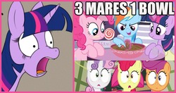 Size: 1728x910 | Tagged: safe, edit, edited screencap, screencap, apple bloom, pinkie pie, rainbow dash, scootaloo, sweetie belle, twilight sparkle, g4, 2 girls 1 cup, all new, candy, food, image macro, implied poop, implied scat, meme, reference, text