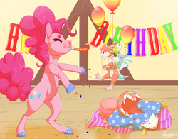 Size: 1958x1536 | Tagged: safe, artist:qatsby, pinkie pie, oc, oc:funfetti, draconequus, g4, balloon, bipedal, colored hooves, draconequus oc, egg, female, floating, hatching, interspecies offspring, mother and daughter, newborn, noisemaker, offspring, parent:discord, parent:pinkie pie, parents:discopie, story in the source
