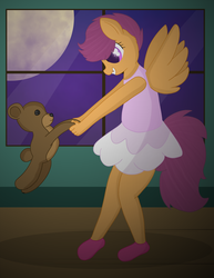 Size: 2550x3300 | Tagged: safe, artist:skyflys, scootaloo, anthro, g4, clothes, cute, cutealoo, dancing, female, filly, high res, shoes, skirt, skirtaloo, smiling, socks, spread wings, teddy bear, tutu, wings
