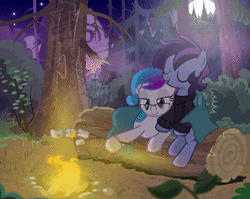 Size: 1300x1037 | Tagged: safe, artist:askometa, artist:brutalweather studio, oc, oc only, oc:aurora starling, oc:raven storm, pony, animated, campfire, clothes, commission, cute, digital art, female, food, forest, glasses, heterochromia, lesbian, mare, marshmallow, night, no sound, oc x oc, ocbetes, shipping, show accurate, sweater, webm, ych result