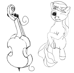 Size: 4896x4864 | Tagged: safe, artist:tiwake, derpibooru exclusive, octavia melody, earth pony, pony, g4, absurd resolution, broken, broken string, cello, chest fluff, featureless crotch, female, floppy ears, musical instrument, simple background, sitting, sketch, solo, underhoof, wince