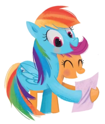 Size: 440x520 | Tagged: safe, artist:leire martin, rainbow dash, scootaloo, an egg-cellent costume party, g4, female, happy, little golden book, scootalove, simple background, sisters, white background