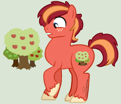 Size: 1185x1021 | Tagged: safe, artist:tejedora, oc, oc only, oc:malus, pony, apple tree, base used, green background, magical gay spawn, offspring, parent:big macintosh, parent:caramel, parents:caramac, simple background, solo, tree