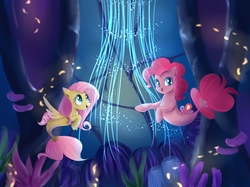 Size: 2398x1795 | Tagged: safe, artist:t0zona, artist:teateajing, fluttershy, pinkie pie, earth pony, pegasus, pony, seapony (g4), g4, my little pony: the movie, bubble, coral, crepuscular rays, digital art, dorsal fin, duo, female, fin, fin wings, fins, fish tail, flowing mane, flowing tail, happy, looking at each other, looking at someone, mare, ocean, open mouth, open smile, scales, seaponified, seapony fluttershy, seapony pinkie pie, seaquestria, seaweed, smiling, smiling at each other, species swap, spread wings, swimming, tail, underwater, water, wings