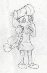 Size: 700x1072 | Tagged: safe, artist:dertikleen, lily longsocks, anthro, g4, clothes, cutie mark on clothes, dress, mary janes, monochrome, pencil drawing, socks, solo, traditional art