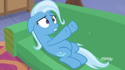 Size: 1920x1080 | Tagged: safe, screencap, trixie, pony, unicorn, g4, road to friendship, belly, couch, discovery family logo, female, mare, solo