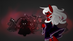 Size: 2732x1536 | Tagged: safe, artist:spheedc, oc, oc:anna razoredge, oc:black eyes, earth pony, semi-anthro, arm hooves, bipedal, clothes, dark, digital art, dress, female, glowing eyes, looking at you, looking back, mare, no tail, shadow, silhouette