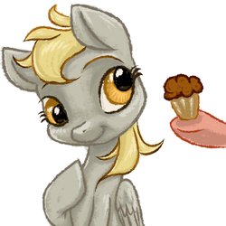 Size: 2000x2000 | Tagged: safe, artist:kovoranu, derpy hooves, pony, g4, female, food, high res, mare, muffin, offscreen character, simple background, smiling, textless