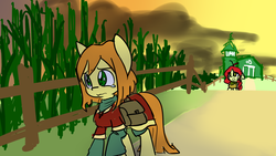 Size: 2732x1536 | Tagged: safe, artist:spheedc, oc, oc:sweet corn, earth pony, pony, barn, clothes, cloud, corn field, digital art, female, fence, mare, sad, sunset