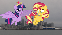 Size: 4128x2322 | Tagged: safe, artist:famousmari5, sunset shimmer, twilight sparkle, alicorn, pony, unicorn, g4, auckland, big crown thingy, city, female, giant pony, giant sunset shimmer, highrise ponies, irl, macro, mare, mega twilight sparkle, new zealand, photo, ponies in real life, regalia, smiling, twilight sparkle (alicorn)