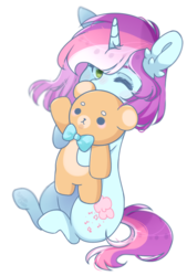 Size: 590x875 | Tagged: safe, artist:silvah-chan, oc, oc only, oc:rainbow kitty, pony, unicorn, female, mare, one eye closed, plushie, simple background, solo, teddy bear, transparent background, wink