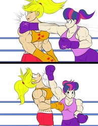 Size: 1206x1552 | Tagged: safe, artist:matchstickman, applejack, twilight sparkle, human, g4, applejacked, armpits, boxing, boxing gloves, clothes, humanized, midriff, muscles, punch, sports, sports bra, tank top, twilight muscle, uppercut