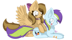 Size: 3840x2160 | Tagged: safe, artist:cloudsky14, artist:glaisia, artist:mewliciousness, oc, oc only, oc:cloudy dee sky, oc:joycie, pegasus, pony, adorable face, birb, bow, cloud, cuddle puddle, cuddling, cute, ear fluff, female, fluffy, high res, jewelry, looking back, male, mare, necklace, pegasus oc, pony pile, shipping, simple background, snuggles?, stallion, transparent background, wings