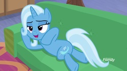 Size: 1920x1080 | Tagged: safe, screencap, trixie, pony, unicorn, g4, road to friendship, couch, discovery family logo, draw me like one of your french girls, female, mare, solo