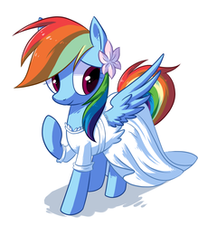 Size: 882x1009 | Tagged: safe, artist:reuniclus, rainbow dash, pegasus, pony, g4, clothes, cute, dashabetes, dress, female, flower, flower in hair, mare, raised hoof, shadow, simple background, solo, wedding dress, white background