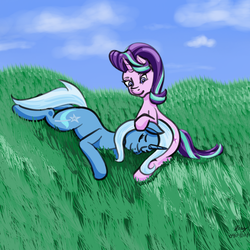 Size: 800x800 | Tagged: safe, artist:bleuey, starlight glimmer, trixie, pony, unicorn, g4, female, field, lesbian, lying down, ship:startrix, shipping