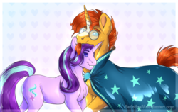 Size: 1024x649 | Tagged: safe, artist:sadelinav, starlight glimmer, sunburst, pony, unicorn, g4, female, male, ship:starburst, shipping, smiling, straight