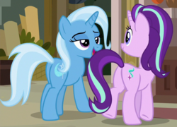 Size: 702x506 | Tagged: safe, screencap, starlight glimmer, trixie, pony, unicorn, g4, road to friendship, butt, cropped, duo, female, glimmer glutes, lidded eyes, mare, plot, smiling, the great and powerful ass