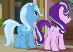 Size: 676x480 | Tagged: safe, screencap, starlight glimmer, trixie, pony, unicorn, g4, road to friendship, butt, cropped, duo, female, glimmer glutes, mare, plot, the great and powerful ass