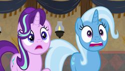 Size: 1280x720 | Tagged: safe, screencap, starlight glimmer, trixie, pony, unicorn, g4, road to friendship, duo, duo female, female, mare, open mouth, shocked
