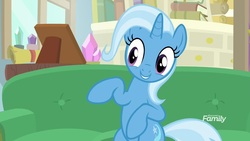 Size: 1920x1080 | Tagged: safe, screencap, trixie, pony, unicorn, g4, road to friendship, belly, couch, discovery family logo, female, mare, sitting, smiling, solo