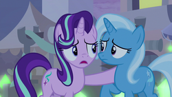 Size: 1280x720 | Tagged: safe, screencap, starlight glimmer, trixie, pony, unicorn, g4, road to friendship, duo, female, glowpaz, hoof on shoulder, mare