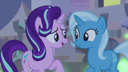 Size: 1280x720 | Tagged: safe, screencap, starlight glimmer, trixie, pony, unicorn, g4, road to friendship, cute, diatrixes, duo, female, glowpaz, looking at each other, mare, smiling