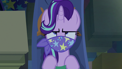 Size: 1280x720 | Tagged: safe, screencap, starlight glimmer, pony, unicorn, g4, road to friendship, annoyed, cloth gag, clothes, female, gag, mare, scarf, scarf gag, solo, starlight's gag