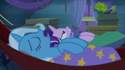 Size: 1280x720 | Tagged: safe, screencap, starlight glimmer, trixie, pony, unicorn, g4, road to friendship, angry, blanket, cloth gag, clothes, duo, eyes closed, female, gag, hammock, mare, scarf, scarf gag, sleeping, starlight's gag