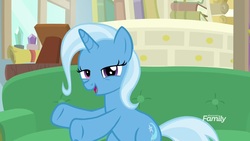 Size: 1920x1080 | Tagged: safe, screencap, trixie, pony, unicorn, g4, road to friendship, couch, discovery family logo, female, lidded eyes, mare, sitting, solo