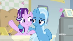 Size: 1920x1080 | Tagged: safe, screencap, starlight glimmer, trixie, pony, unicorn, g4, road to friendship, desk, duo, female, looking at each other, mare, smiling