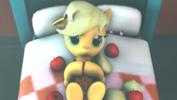 Size: 1920x1080 | Tagged: safe, artist:spinostud, applejack, earth pony, pony, g4, 3d, apple, baguette, bread, female, food, misleading thumbnail, on back, solo