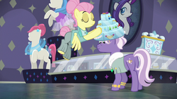 Size: 1280x720 | Tagged: safe, screencap, fluttershy, pearl ring, rarity, pegasus, pony, fake it 'til you make it, g4, alternate hairstyle, butt, clothes, display, duo, female, flying, jewelry, mannequin, mare, old money, plot, severeshy