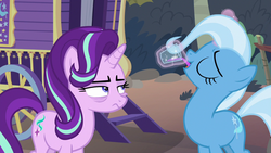 Size: 1280x720 | Tagged: safe, screencap, starlight glimmer, trixie, pony, unicorn, g4, road to friendship, bags under eyes, duo, eyes closed, female, juice, mare, starlight glimmer is not amused, unamused