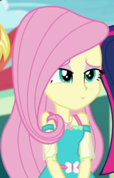 Size: 555x862 | Tagged: safe, screencap, fluttershy, equestria girls, equestria girls specials, g4, my little pony equestria girls: better together, my little pony equestria girls: rollercoaster of friendship, clothes, cropped, cute, dress, eyes closed, female, geode of fauna, lidded eyes, magical geodes, shyabetes, smiling