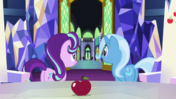 Size: 1280x720 | Tagged: safe, screencap, spike, starlight glimmer, trixie, pony, unicorn, all bottled up, g4, apple, butt, female, food, mare, plot