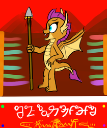 Size: 430x512 | Tagged: safe, artist:horsesplease, smolder, dragon, g4, claws, constructed language, dragon wings, dragoness, fangs, female, heraldry, horns, open mouth, paint tool sai, sarmelonid, smiling, solo, spear, vozonid, weapon, wings