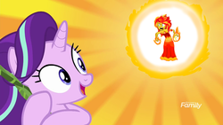 Size: 1600x900 | Tagged: safe, edit, edited screencap, screencap, starlight glimmer, sunset shimmer, pony, unicorn, equestria girls, g4, road to friendship, angry, catasterism, clothes, discovery family logo, dress, female, fiery shimmer, fire, goddess, it's not about the parakeet, mane of fire, mare, paint tool sai, rage, smiling, sun, sunshine shimmer, this will end in fire, this will end in pain, we're friendship bound