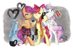 Size: 2500x1667 | Tagged: safe, artist:yuntaoxd, apple bloom, scootaloo, sweetie belle, earth pony, pegasus, pony, unicorn, g4, accessory, bag, bipedal, bracelet, cellphone, choker, clothes, coca-cola, cutie mark crusaders, ear piercing, earbuds, earring, energy drink, eyeshadow, iphone, jewelry, magic, makeup, moped, necklace, older, older apple bloom, older cmc, older scootaloo, older sweetie belle, phone, piercing, red bull, scarf, scooter, selfie, simple background, smartphone, vespa