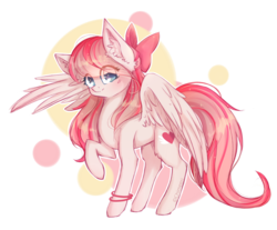 Size: 1531x1266 | Tagged: safe, artist:chimeeri, angel wings, pegasus, pony, g4, abstract background, bow, bracelet, ear fluff, female, hair bow, jewelry, looking at you, mare, raised hoof, simple background, solo, spread wings, transparent background, wings