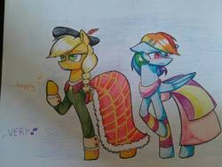 Size: 1600x1200 | Tagged: safe, artist:ponime11, applejack, rainbow dash, pony, g4, applejack also dresses in style, clothes, dress, implied rarity, rainbow dash always dresses in style, traditional art