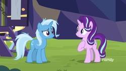 Size: 1920x1080 | Tagged: safe, screencap, starlight glimmer, trixie, pony, unicorn, g4, road to friendship, discovery family logo, duo, duo female, female, looking at each other, mare, messy mane, trixie's wagon, wagon