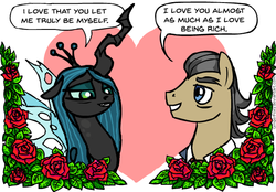 Size: 596x414 | Tagged: safe, artist:gingerfoxy, filthy rich, queen chrysalis, changeling, earth pony, pony, pony couple generator, g4, chrysarich, crack shipping, crown, eyebrows, female, flower, heart, jewelry, male, regalia, rose, shipping