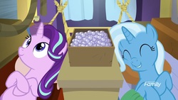 Size: 1920x1080 | Tagged: safe, screencap, starlight glimmer, trixie, pony, unicorn, g4, road to friendship, discovery family logo, duo, female, hammock, mare, on back, smiling, trixie's wagon