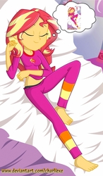 Size: 436x748 | Tagged: safe, artist:charliexe-edits, edit, sunset shimmer, equestria girls, g4, barefoot, belly button, black panties, black underwear, clothes, droste effect, eyes closed, feet, female, happy, pajamas, panties, pants, pillow, recursion, sleeping, smiling, solo, thought bubble, underwear