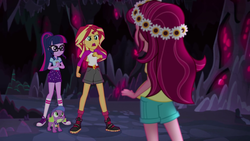 Size: 1280x720 | Tagged: safe, screencap, gloriosa daisy, sci-twi, spike, spike the regular dog, sunset shimmer, twilight sparkle, dog, equestria girls, g4, my little pony equestria girls: legend of everfree, converse, floral head wreath, flower, glori-ass, shoes, sneakers