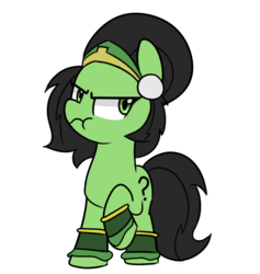 Size: 983x1035 | Tagged: safe, artist:lance, oc, oc:filly anon, earth pony, pony, clothes, cosplay, costume, female, filly, scrunchy face, simple background, solo, toph bei fong, white background