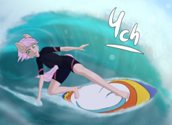 Size: 2733x1992 | Tagged: safe, artist:mintjuice, anthro, plantigrade anthro, advertisement, clothes, commission, female, foam, looking at you, smiling, surfboard, surfer, water, wave, wetsuit, your character here